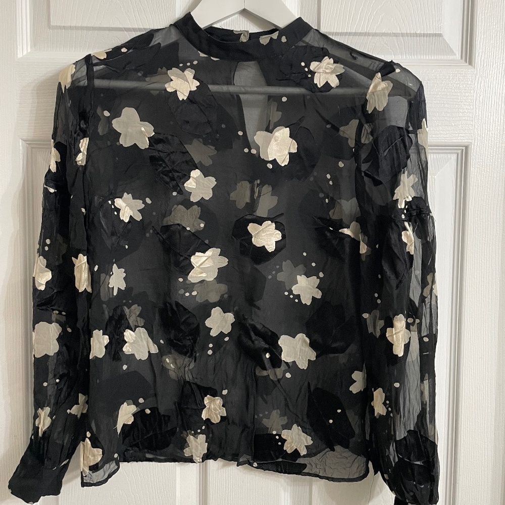 Derek Lam 10 Crosby sheer black blouse with ivory flowers size 2